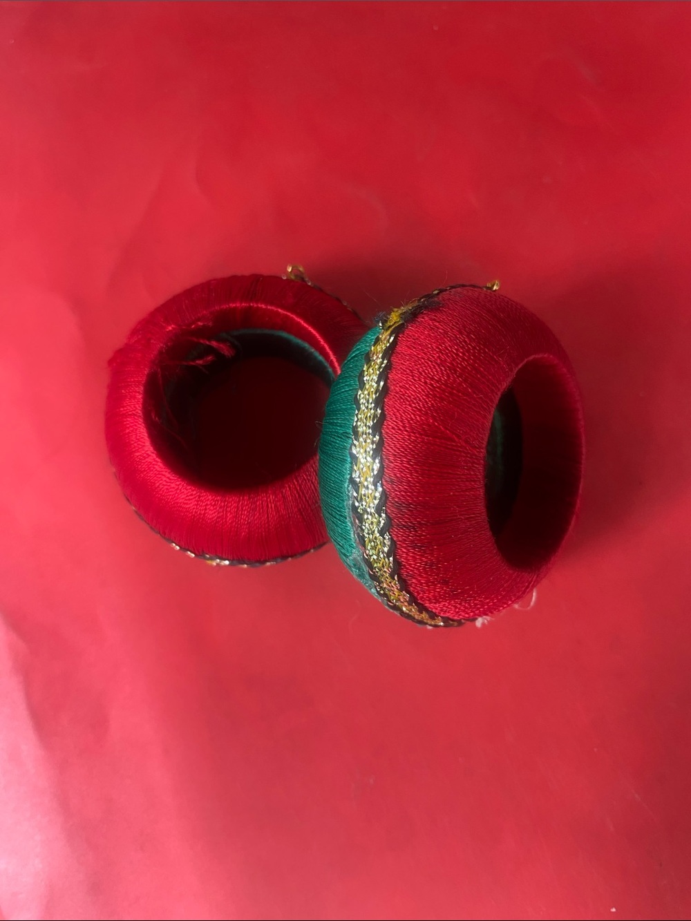 Red and Green Thread Wrapped Jhumka Earrings with Gold Trim